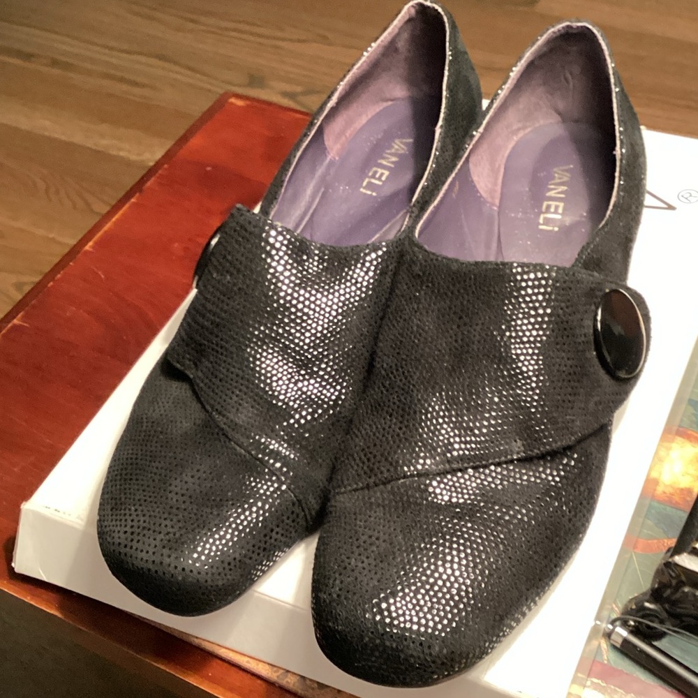 Vaneli Black Sparkle Slip-On Loafers with Round Button